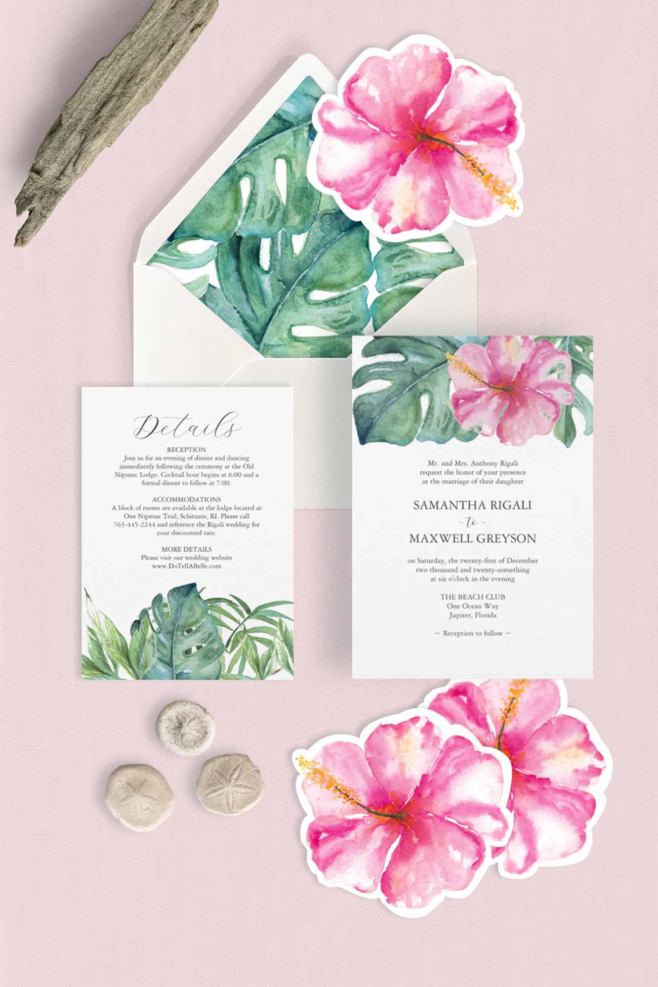 Destination wedding invitations to buy with pink hibiscus flowers and green monstera leaves on a light pink background. A perfect tropical wedding invitation suite for a tropical pink and green wedding theme.