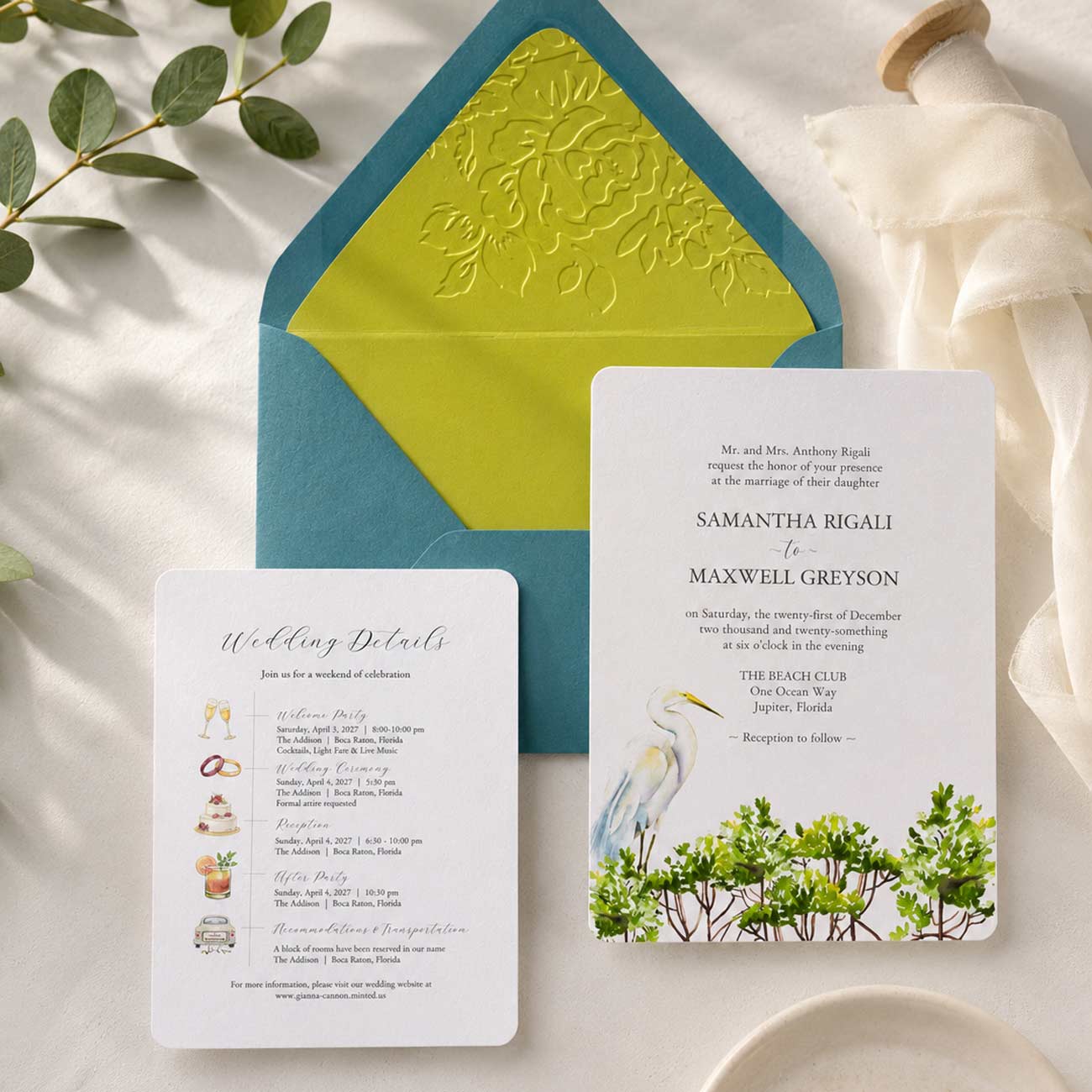 Watercolor wedding invites designed with hand-painted Florida mangroves and a Great White Heron, custom wedding timeline card with watercolor icons, turquoise blue envelope, and green embossed envelope liner for a destination wedding.