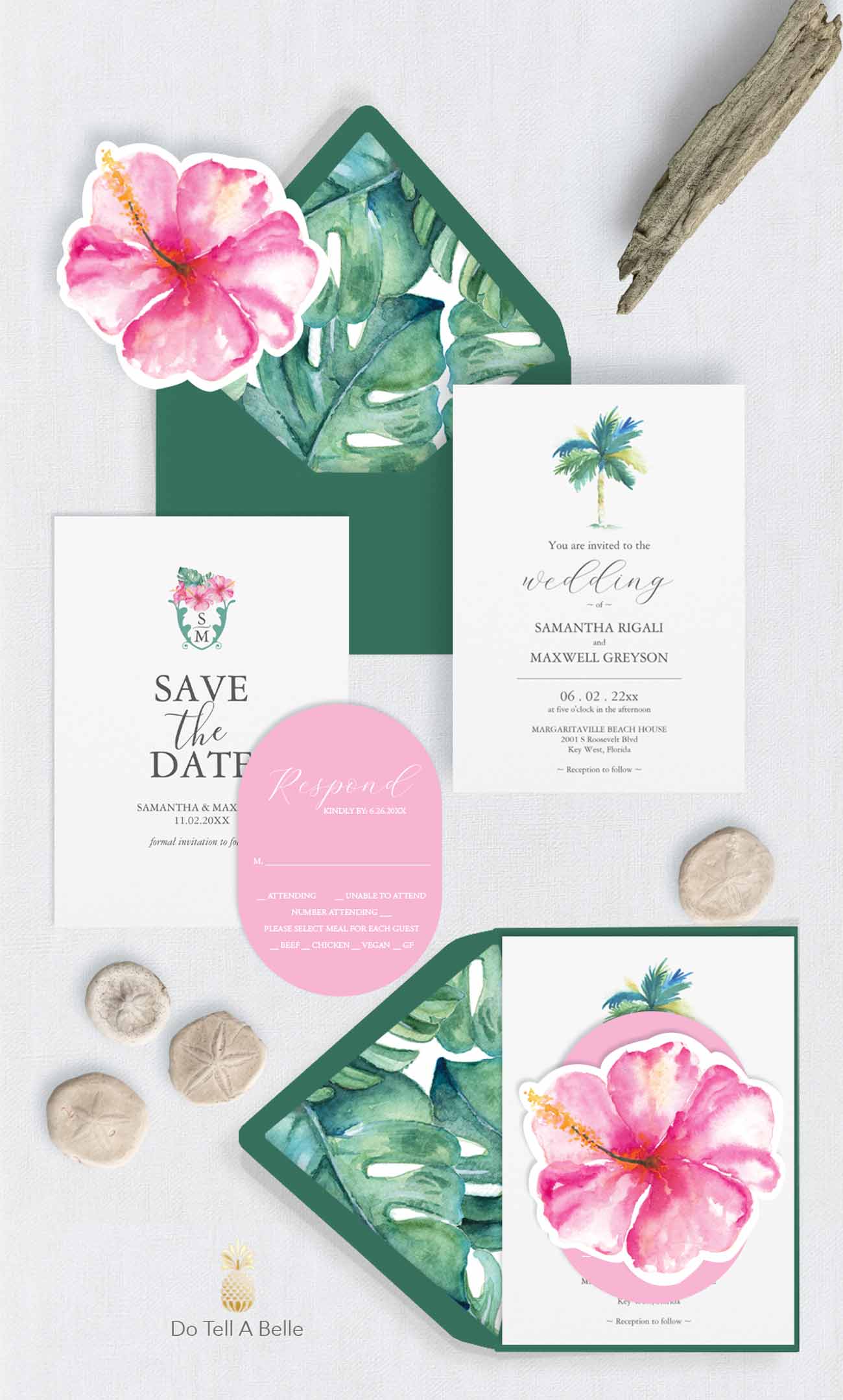 Tropical watercolor wedding invitations for destination weddings featuring palm trees, monstera leaves, pink florals, and a die cut hydrangea insert card in a pink and green wedding color palette.