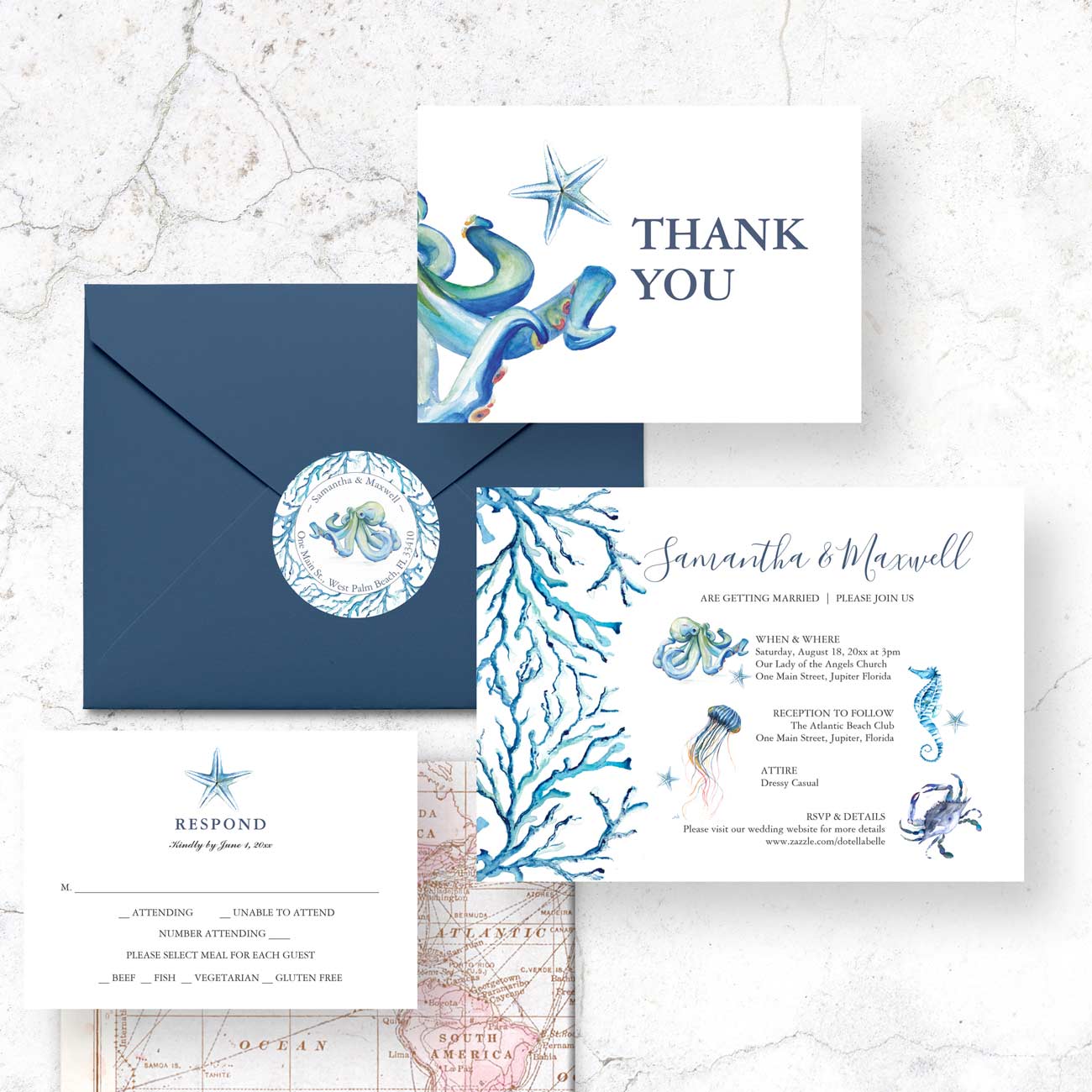 Beach wedding invitations featuring hand-painted blue octopus, sea coral, and coastal sea creatures in a watercolor wedding stationery design.