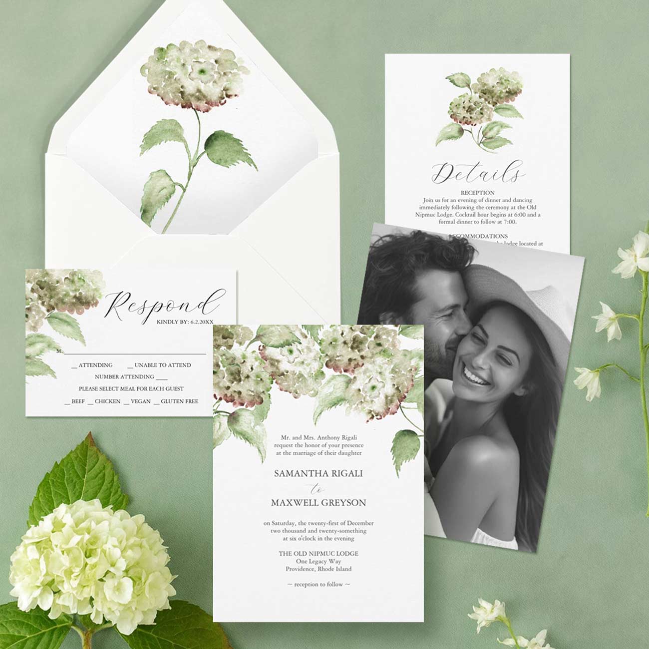 Rustic wedding invitations featuring hand-painted watercolor hydrangea flowers in shades of green, perfect for a hydrangea wedding theme.