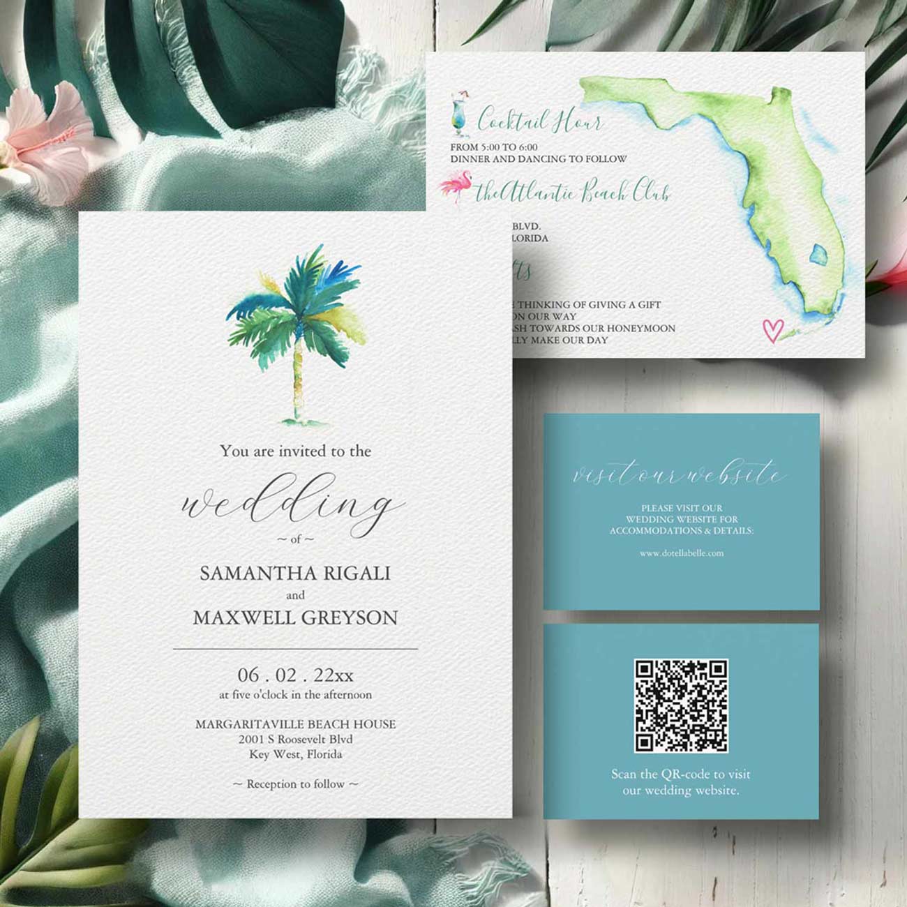 Wedding invitation samples featuring Florida destination wedding invitations with hand-painted palm trees, watercolor Florida map artwork, and tropical wedding stationery.