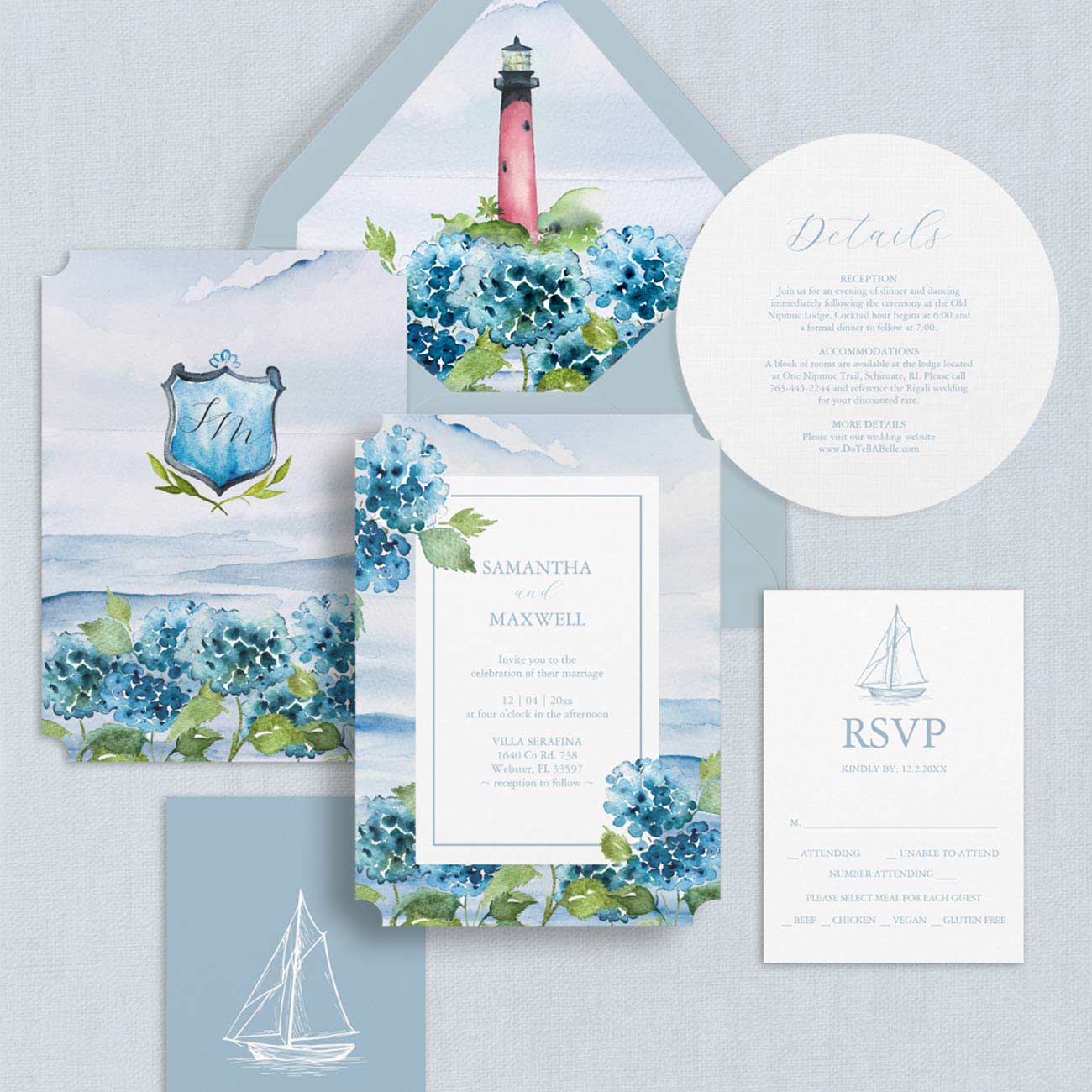 Wedding invitation suite example featuring watercolor blue hydrangeas, a custom crest invitation, RSVP card, envelope liner, and elegant wedding stationery details.