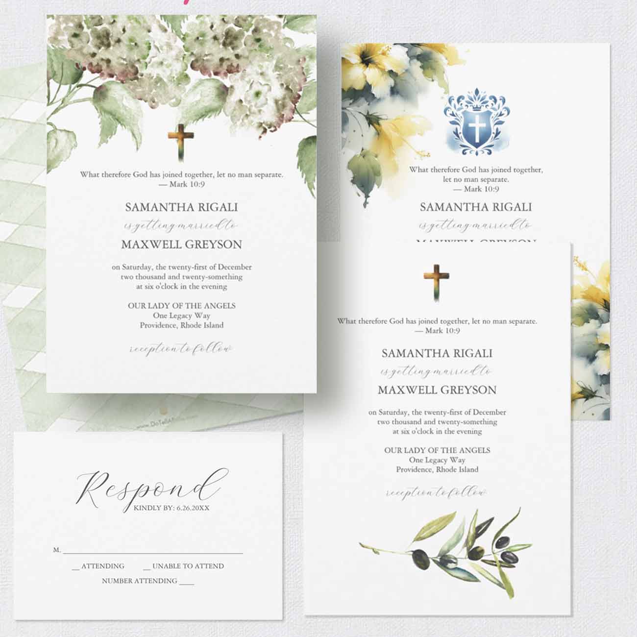 Collection of Catholic wedding invitation templates featuring hand-painted watercolor floral and botanical artwork, elegant religious details, custom envelope liners, and coordinated wedding stationery.