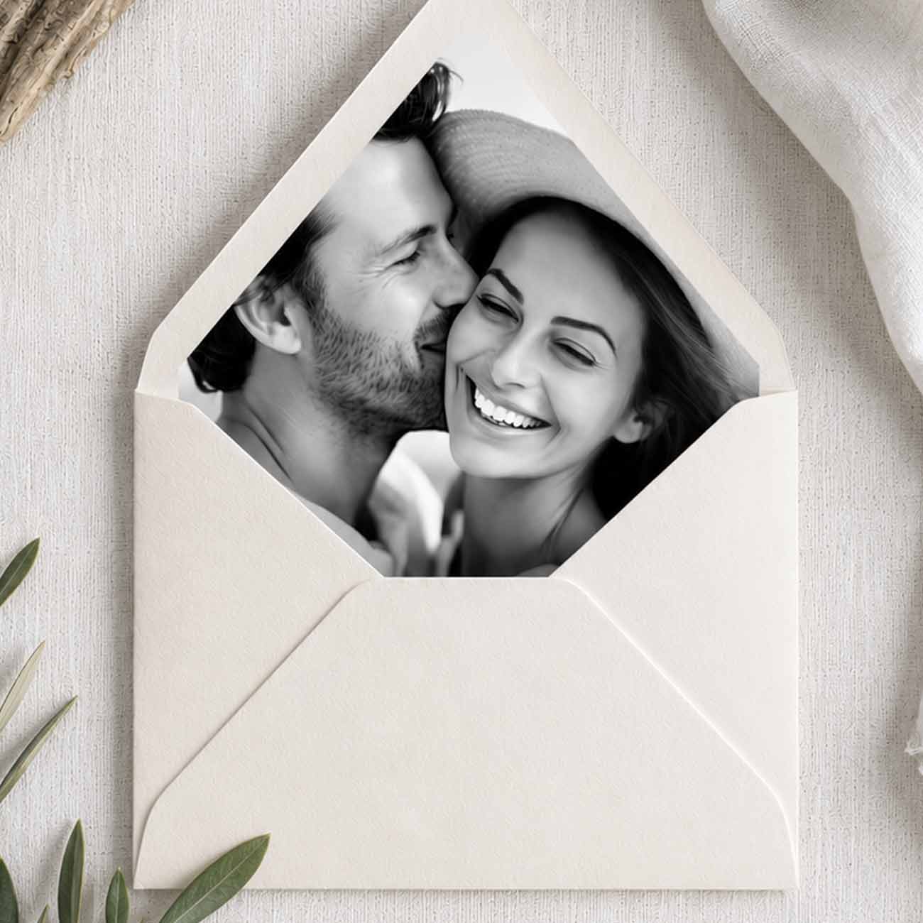 Photo envelope liner 5x7 featuring a black and white engagement picture inside a premium white euro flap envelope for a luxury wedding invite. Tap to shop.