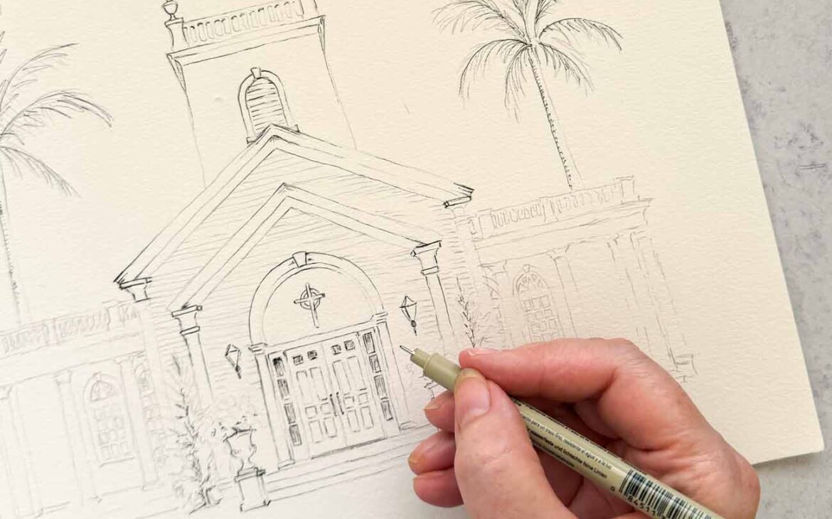Graphite drawing of Royal Poinciana Chapel in progress with hand-drawn Micron pen architectural details for watercolor wedding invitation artwork.