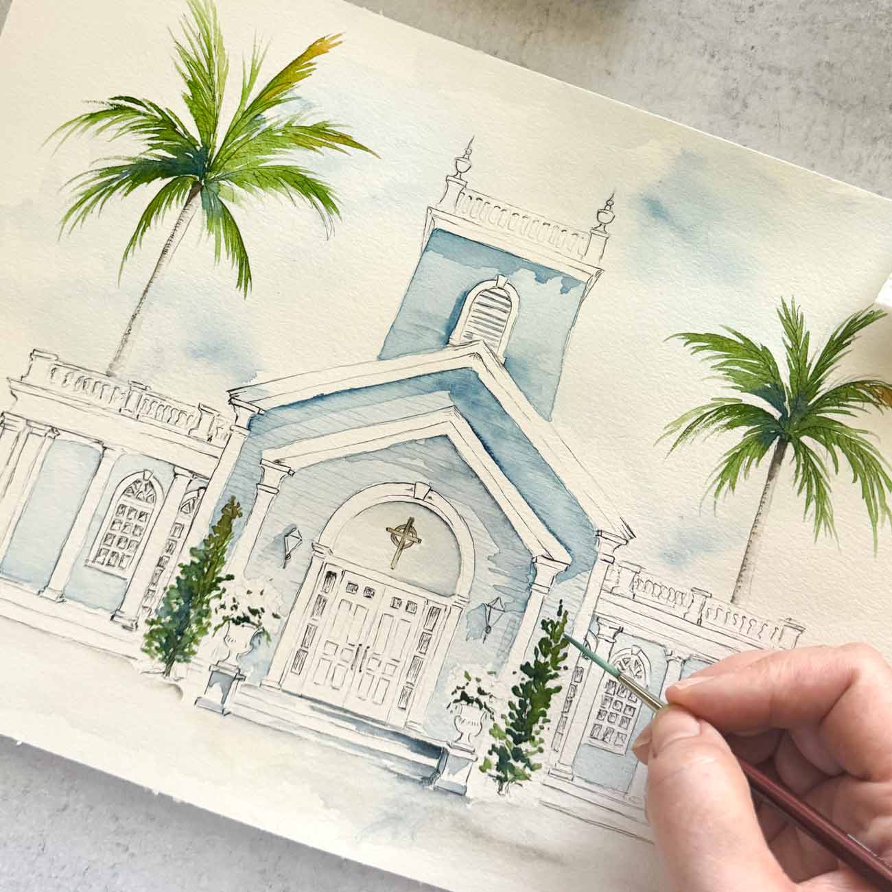 Royal Poinciana Chapel watercolor painting in progress, hand-painted as original artwork for a Palm Beach wedding invitation suite.