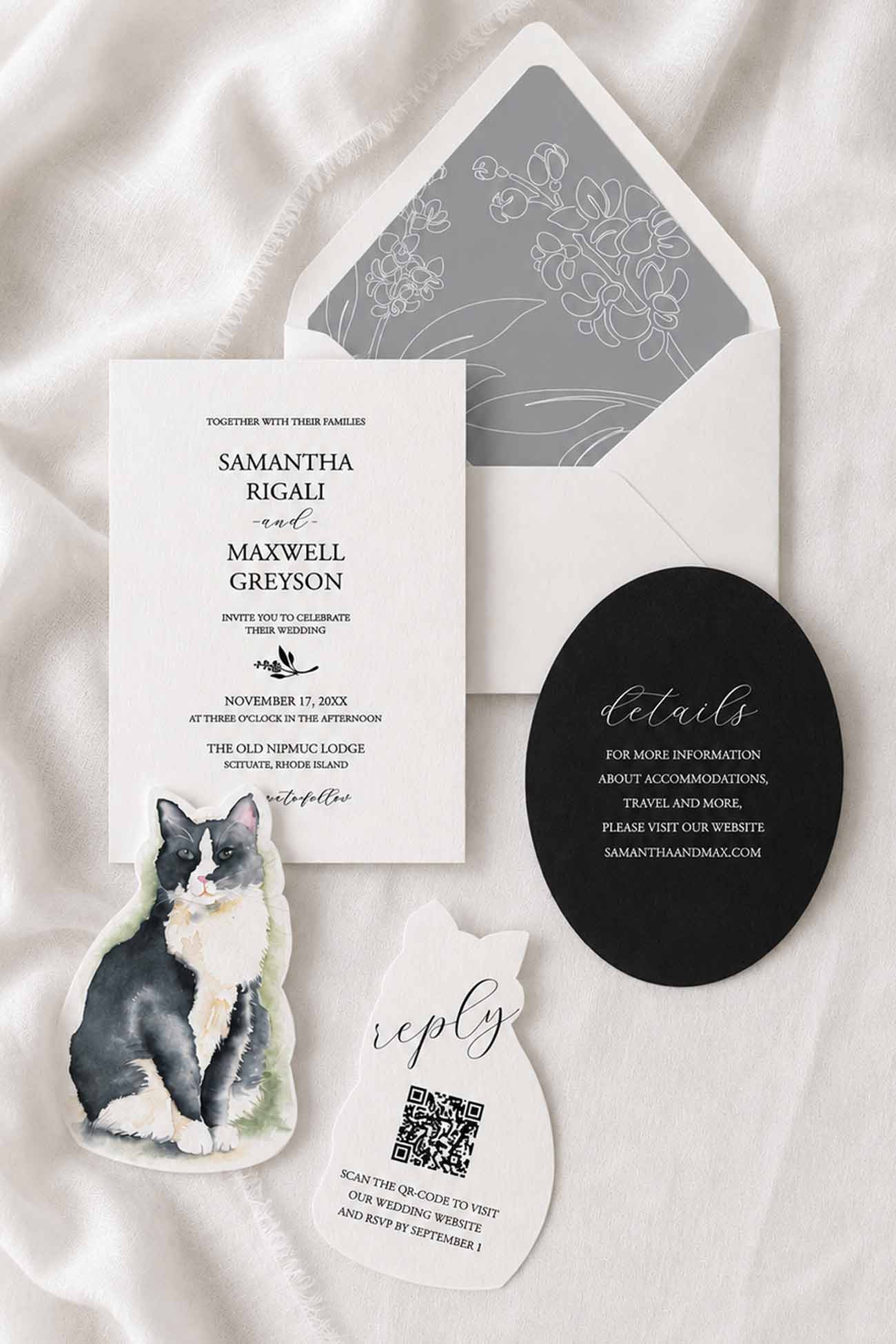 Black and white wedding invitations to buy featuring a modern wedding invitation suite with a die-cut tuxedo cat RSVP card, black oval details card, floral envelope liner, and white Euro flap envelope.