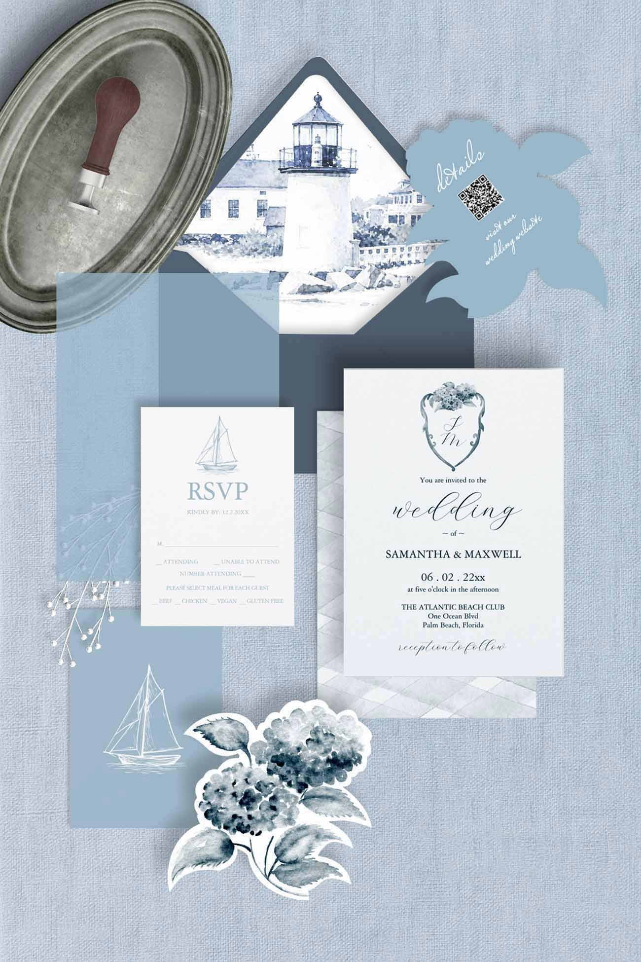 Dusty blue wedding invitation suite featuring hand-painted watercolor Nantucket lighthouse envelope liner, blue hydrangea wedding invitation, vellum overlay, laser-cut details card, and sailboat RSVP card.