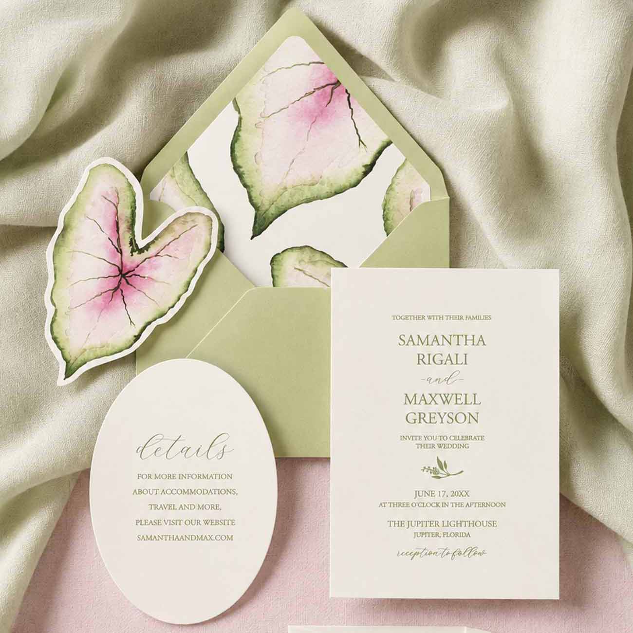 Fast wedding invitations to buy featuring a hand-painted watercolor caladium leaf wedding invitation suite with a laser-cut RSVP card, oval details card, cream cardstock, green envelope, and coordinating watercolor envelope liner.