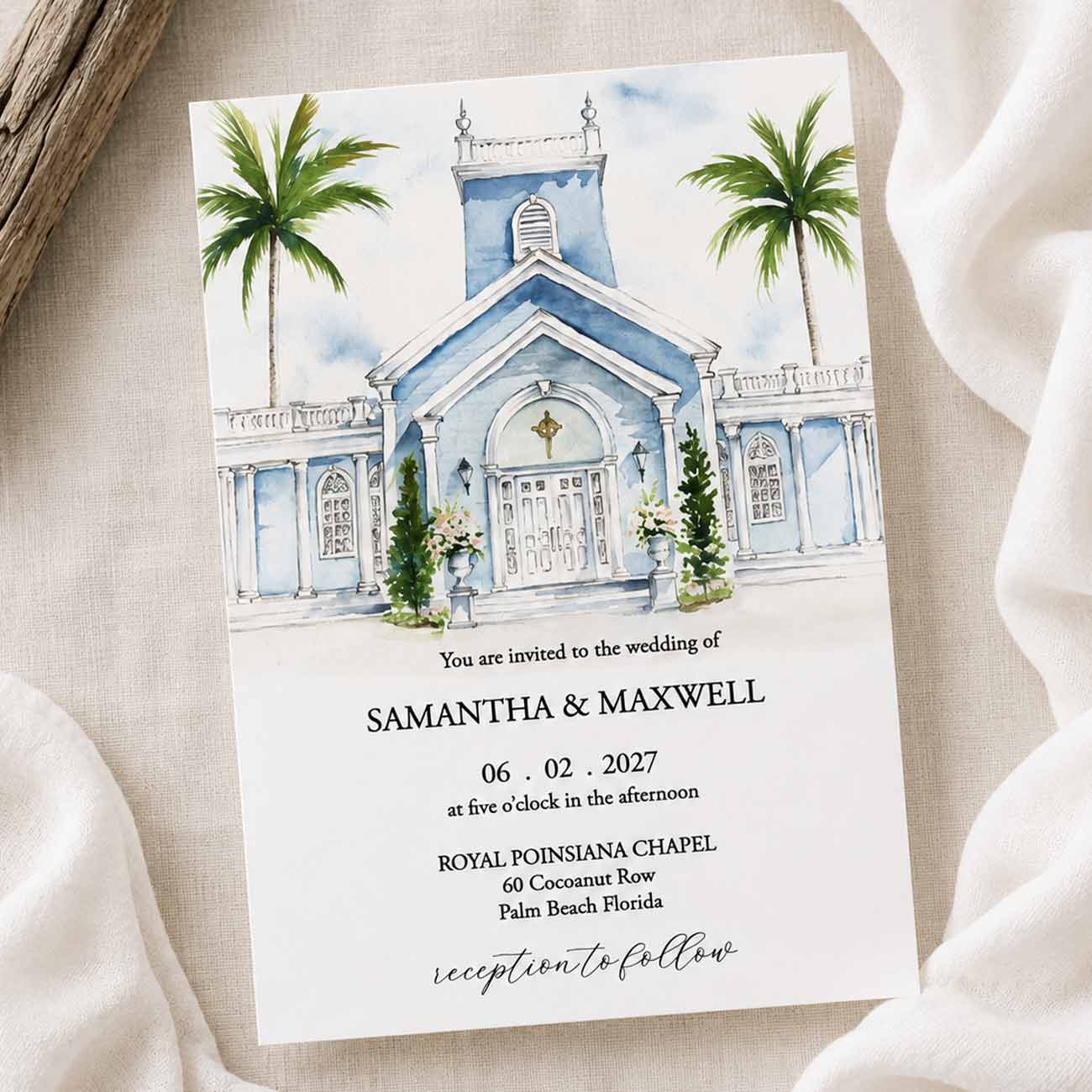 Royal Poinciana Chapel wedding invitation featuring original hand-painted watercolor artwork of the Palm Beach wedding venue.