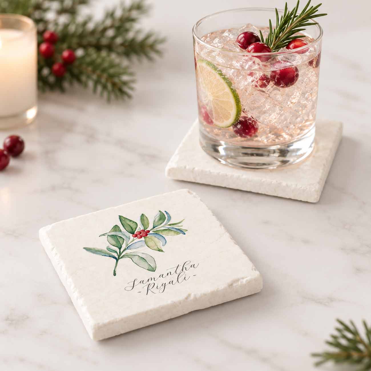 ersonalized bridal shower favors with watercolor holly and guest names, styled as keepsake coasters and place settings.
