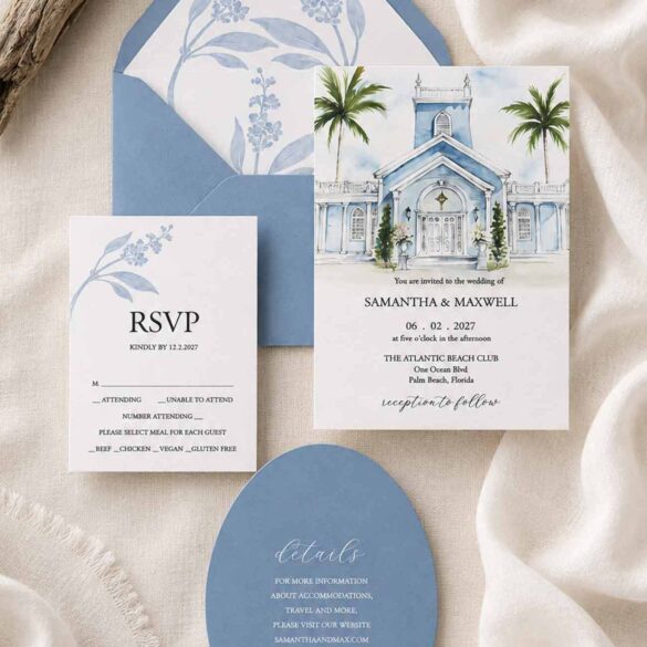 Royal Poinciana Chapel wedding invitation suite featuring original watercolor venue artwork in shades of blue, botanical envelope liner, RSVP card and blue die cut oval details card.