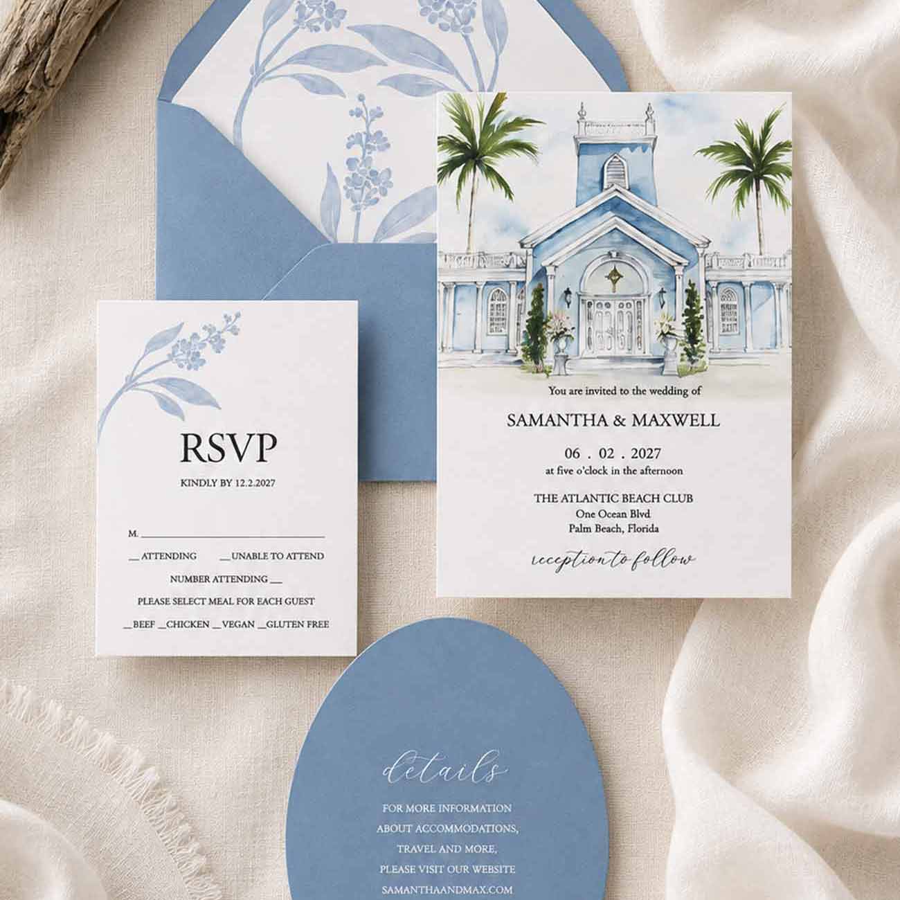 Royal Poinciana Chapel wedding invitation suite featuring original watercolor venue artwork in shades of blue, botanical envelope liner, RSVP card and blue die cut oval details card.