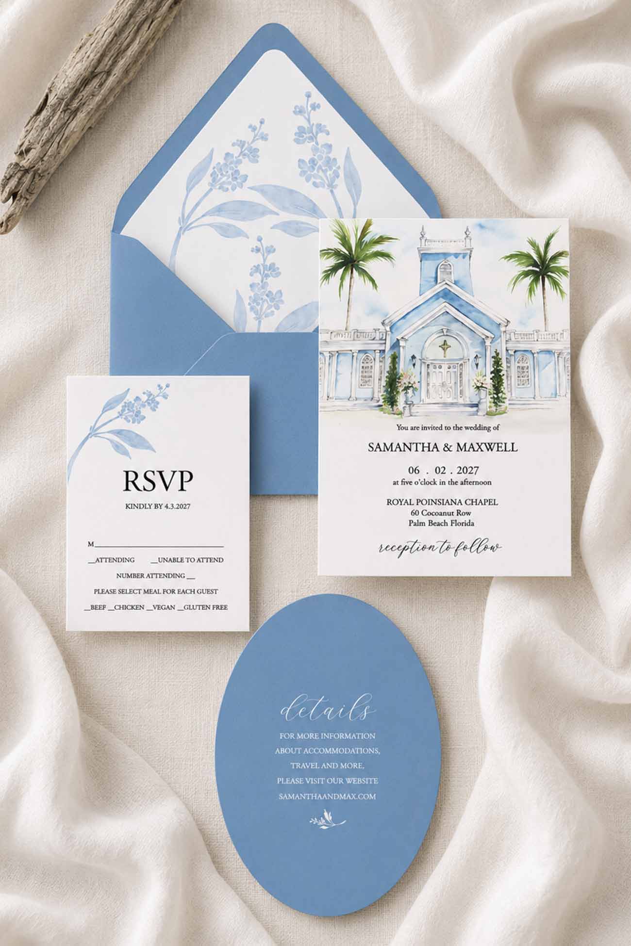 Royal Poinciana Chapel wedding invitation suite featuring original watercolor venue artwork, botanical envelope liner, RSVP card and blue details card.