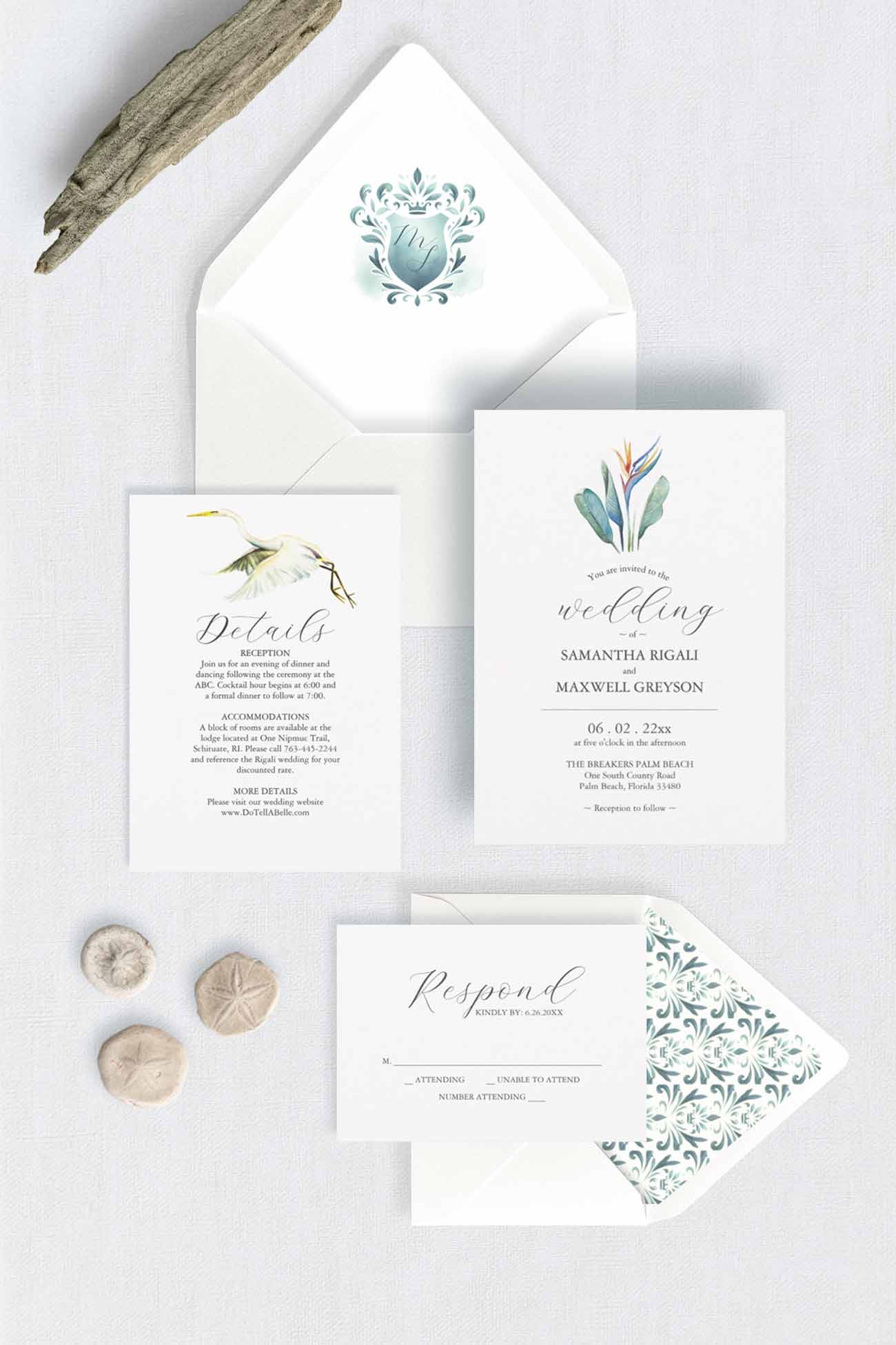 Florida wedding invitation suite featuring a watercolor bird of paradise invitation, monogram envelope liner, RSVP card, and great white heron details card.