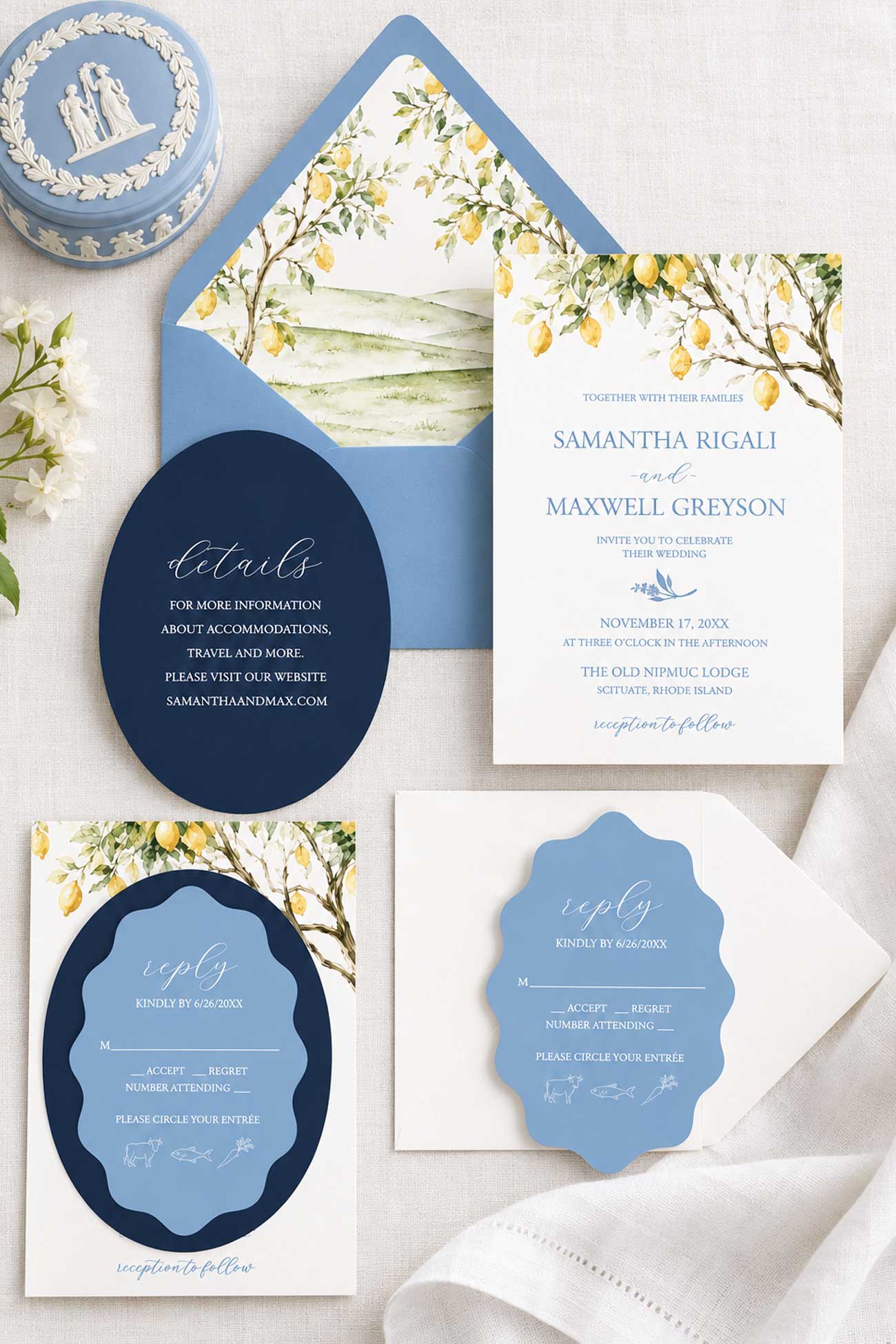 Tuscan wedding invitations in blue and yellow featuring hand-painted watercolor lemon trees, blue die-cut cards, and an elegant Italian lemon theme.