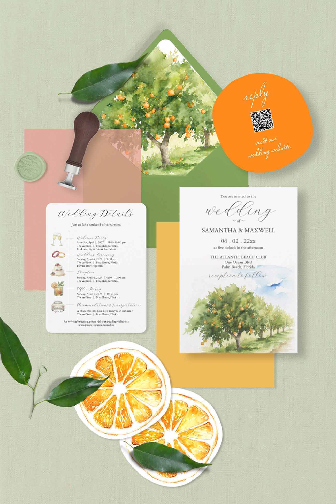 Florida destination wedding invitation set featuring a hand-painted watercolor orange grove invitation, matching envelope liner, laser-cut orange RSVP card, timeline details card, and green envelopes.