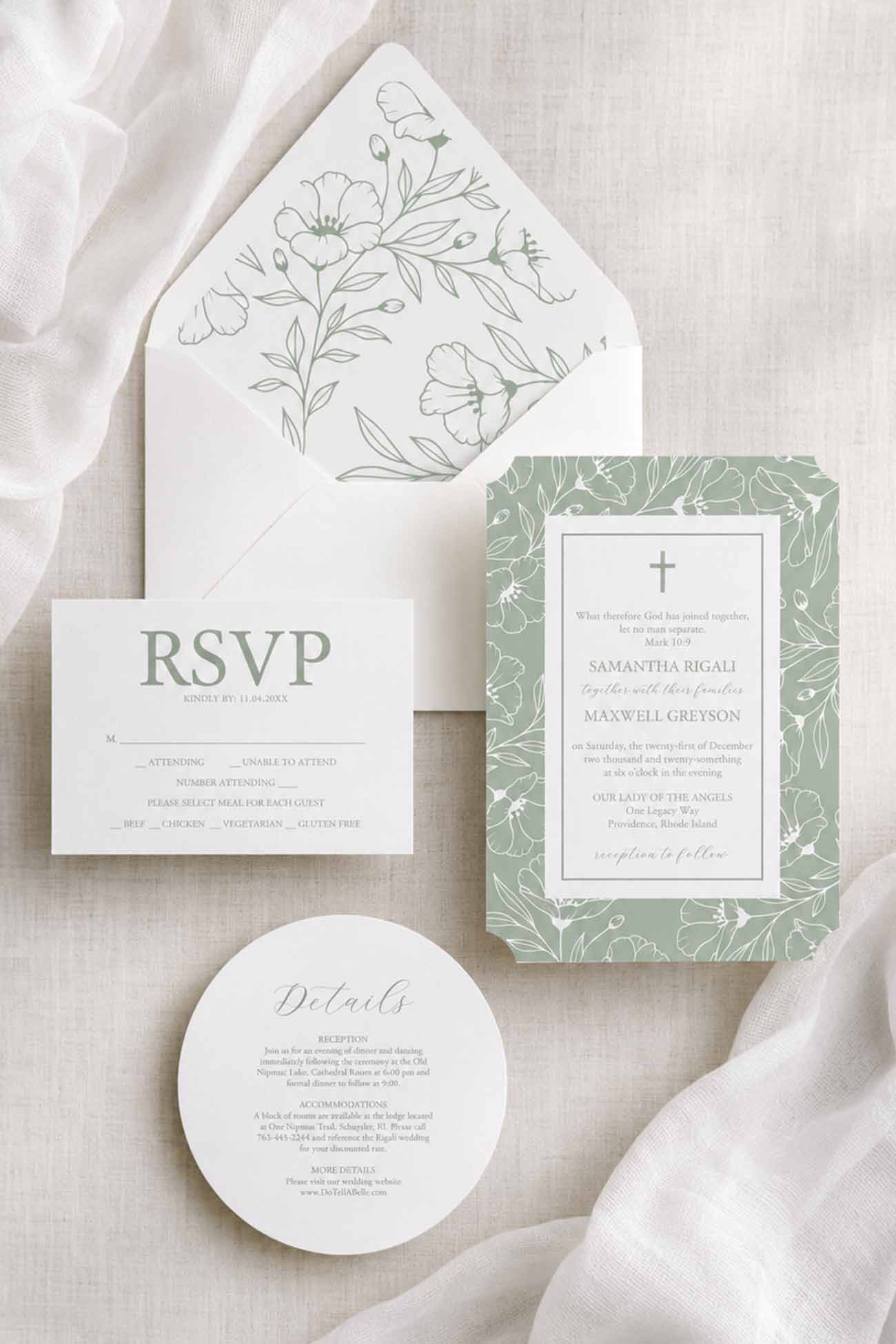 Catholic wedding invitation suite in sage green and white featuring elegant floral details, coordinating RSVP and details cards, and a classic semi-custom design.