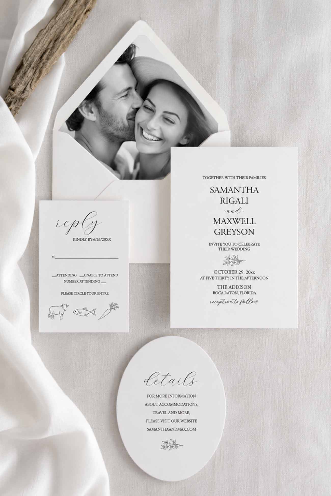 Black and white wedding invitations to buy featuring a personalized photo envelope liner, RSVP card, oval details card, and premium cardstock.