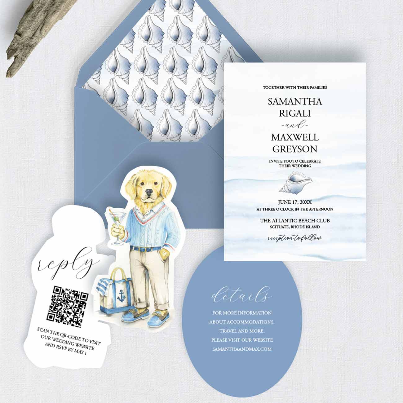 Dusty blue boat wedding invitations with watercolor nautical artwork, ocean scene, sea shells and laser-cut watercolor pet portraits for a coastal wedding.