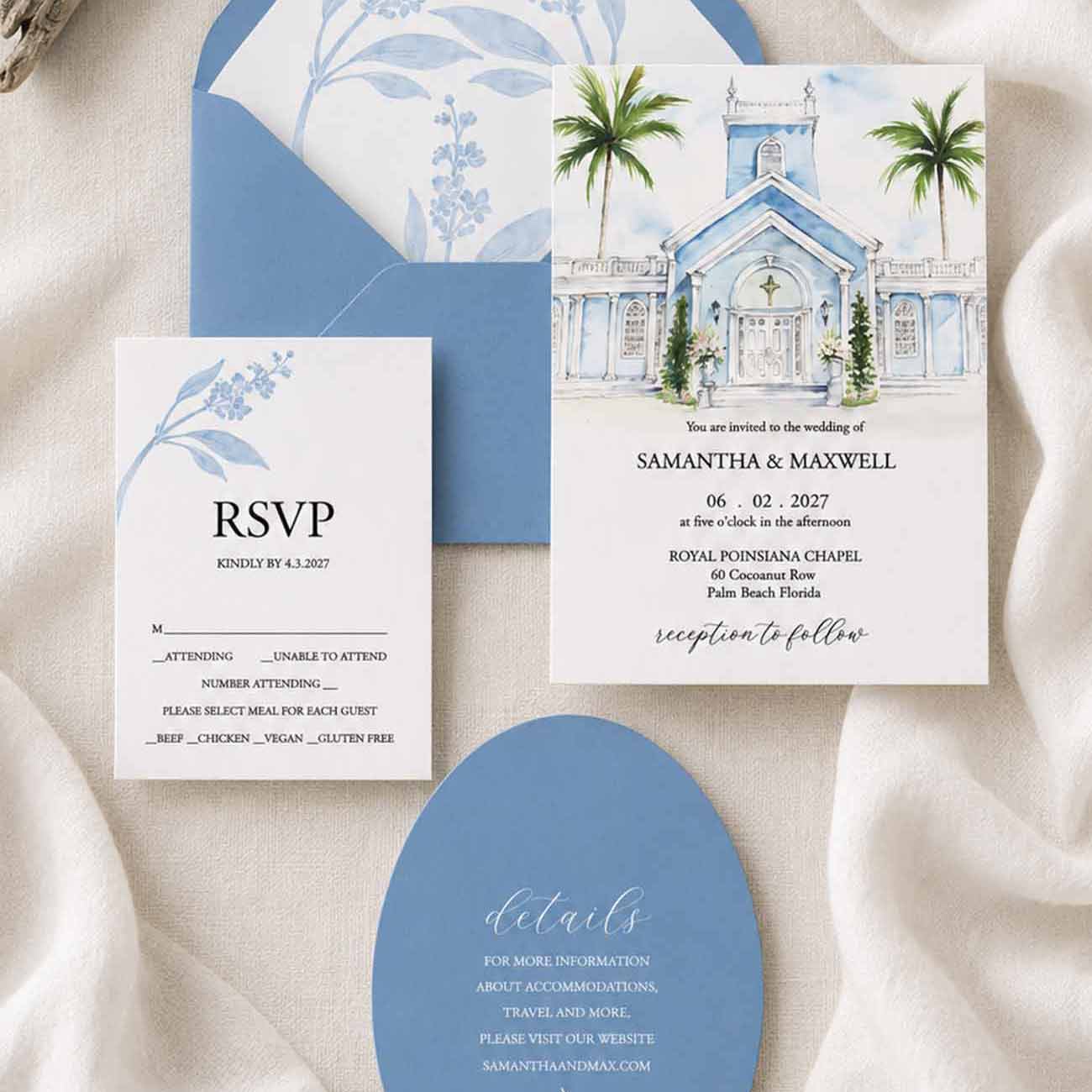 Blue watercolor wedding invitations featuring a hand-painted Royal Poinciana Chapel venue and coordinating Palm Beach wedding stationery.