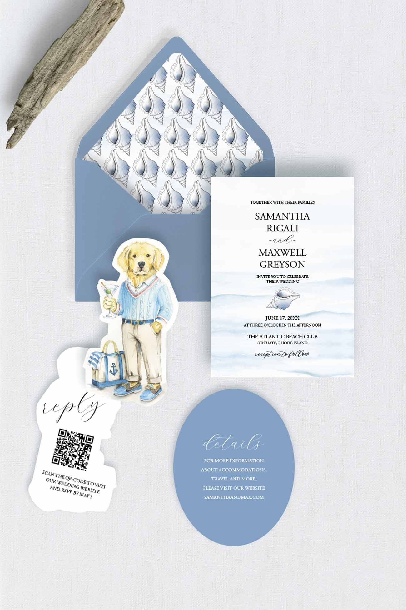 This watercolor beach wedding invitation suite is designed with a cut laser cut English lab rsvp card.
