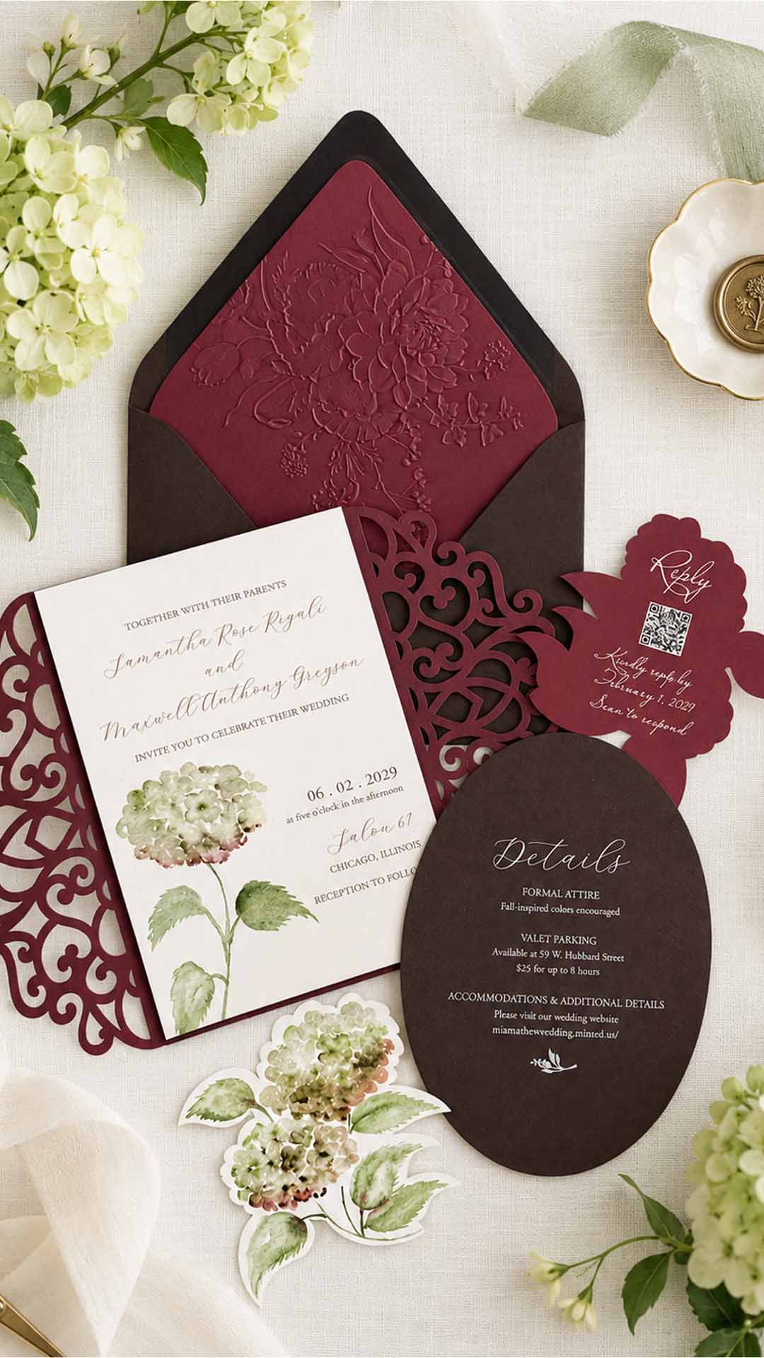 Burgundy and antique hydrangea wedding invitation suite with embossed envelope liners, laser cut floral rsvp card, die cut details card and beautiful gate fold.