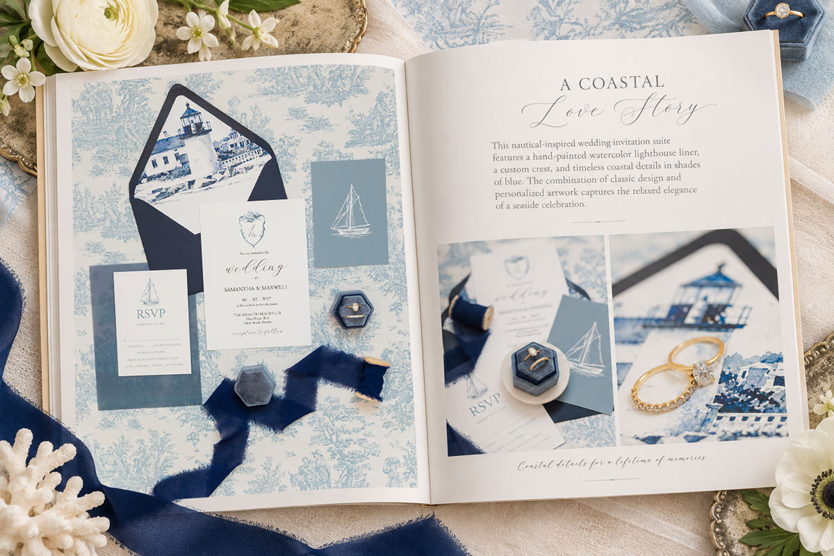 Wedding stationery lookbook featuring professional photos of a blue nautical wedding invitation suite with watercolor lighthouse artwork.