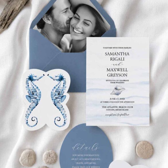 Watercolor beach wedding invitation with hand-painted blue seahorses by Victoria Grigaliunas of Do Tell A Belle.
