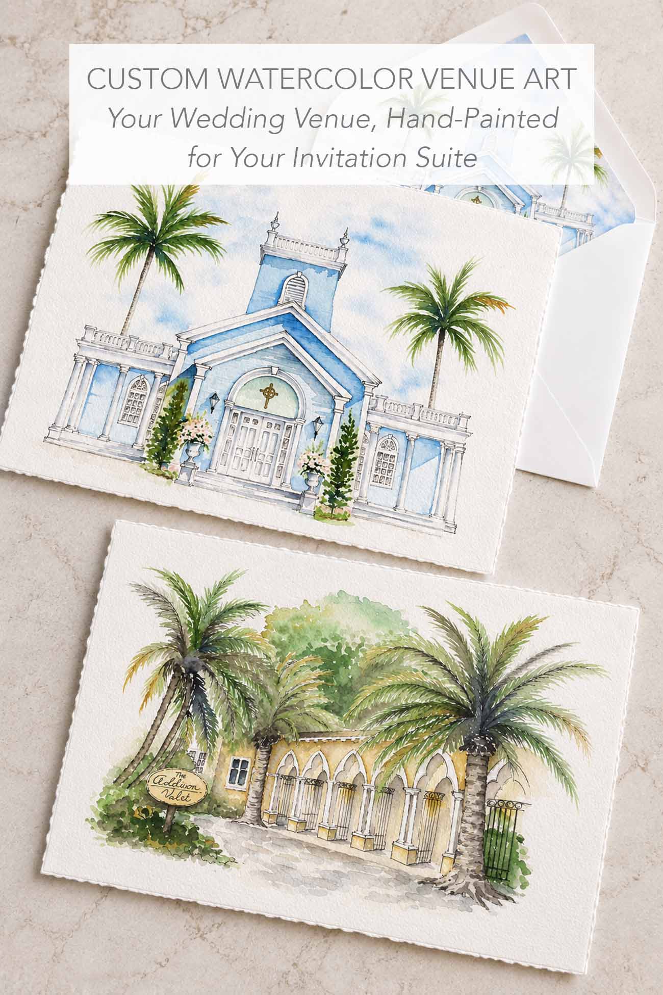 Hand-painted watercolor venue illustrations of Florida locations painted by Victoria Grigaliunas for Do Tell A Belle for custom watercolor wedding invitations and stationery. Venues shown here are The Royal Poinciana Chapel and The Addison
