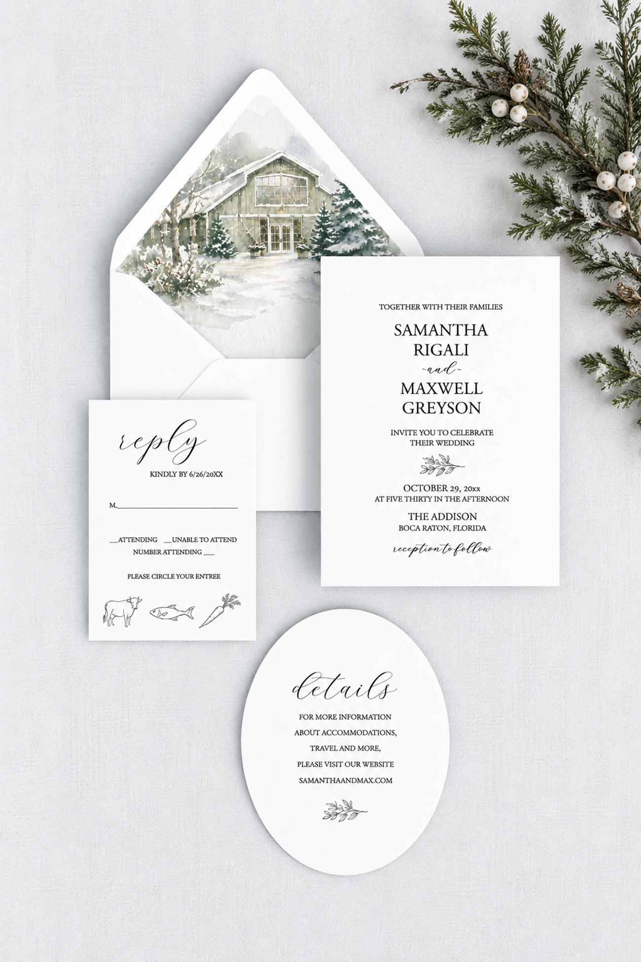 Watercolor venue wedding invitations featuring a hand-painted snowy wedding venue envelope liner and elegant stationery designed for winter weddings.