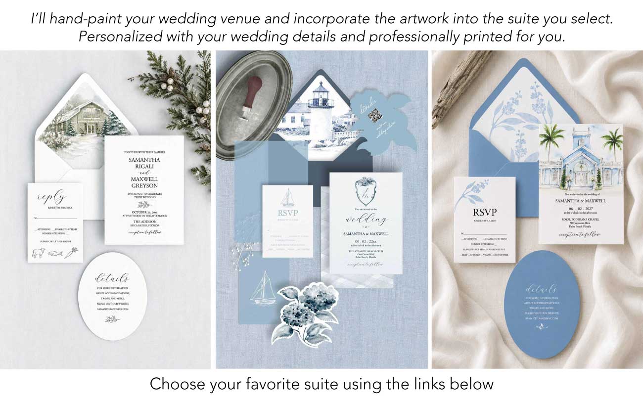 Watercolor wedding invitation suites with venue art by Do Tell A Belle