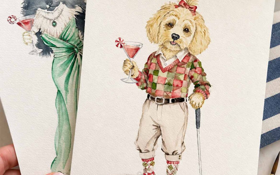 Custom watercolor pet portraits by Do Tell A Belle featuring a golden dog dressed in colorful golf attire and a black-and-white cat wearing an elegant green gown, both holding cocktails.