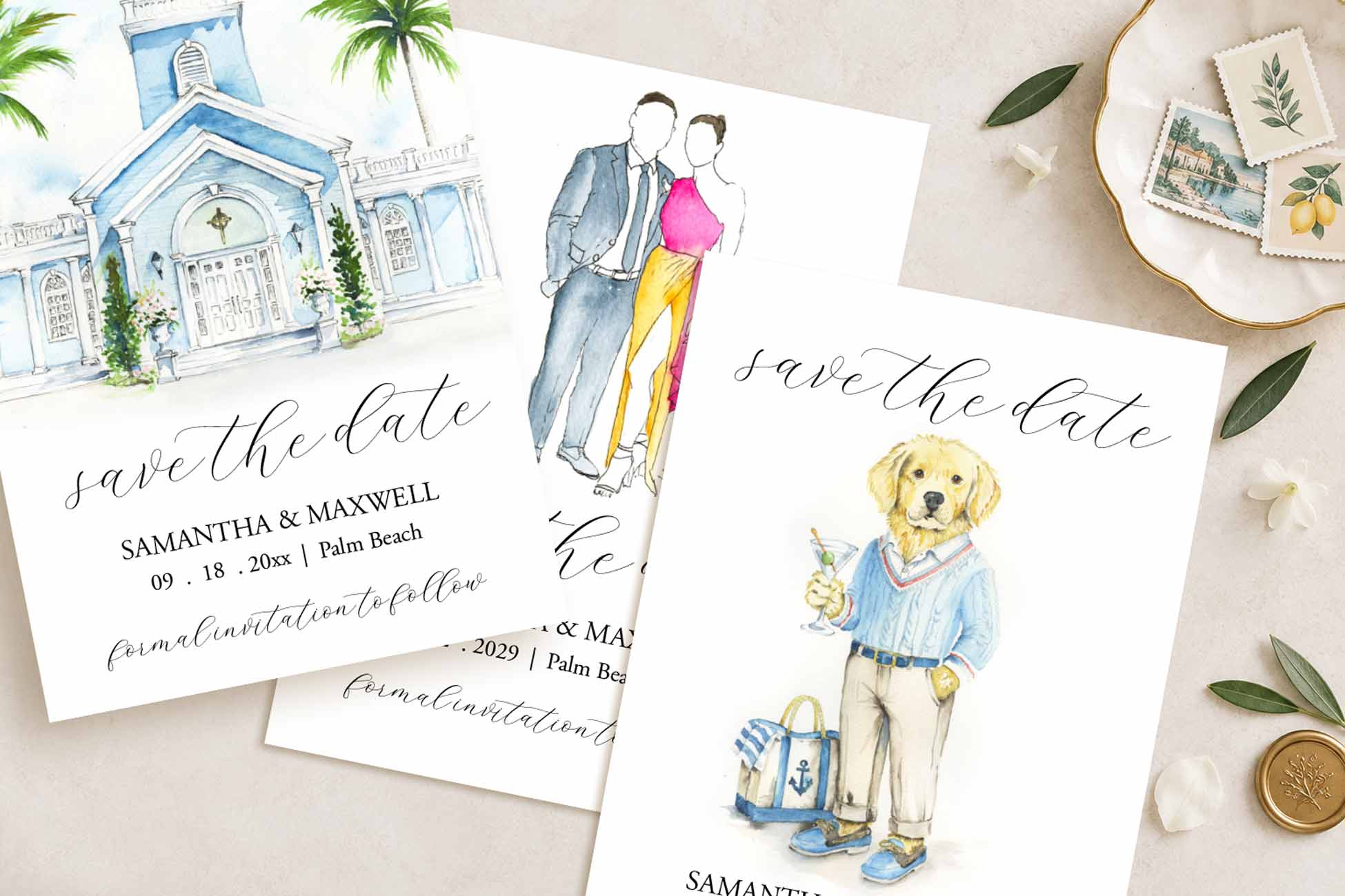 Custom watercolor save the dates by Do Tell A Belle featuring three personalized designs: a Palm Beach wedding venue illustration, a watercolor couple portrait, and a golden retriever pet portrait.