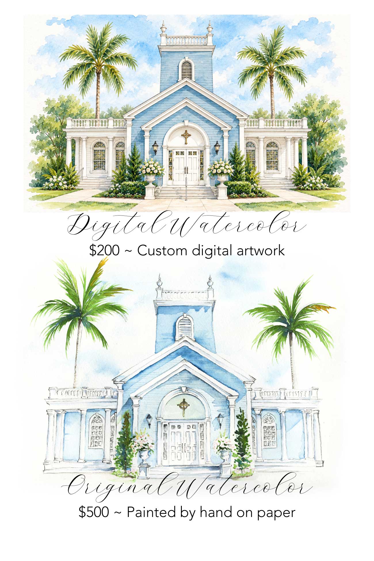 Side-by-side comparison of a digitally created watercolor-style venue illustration and an original hand-painted watercolor painting of the Royal Poinciana Chapel in Palm Beach, Florida, by Victoria Grigaliunas of Do Tell A Belle.