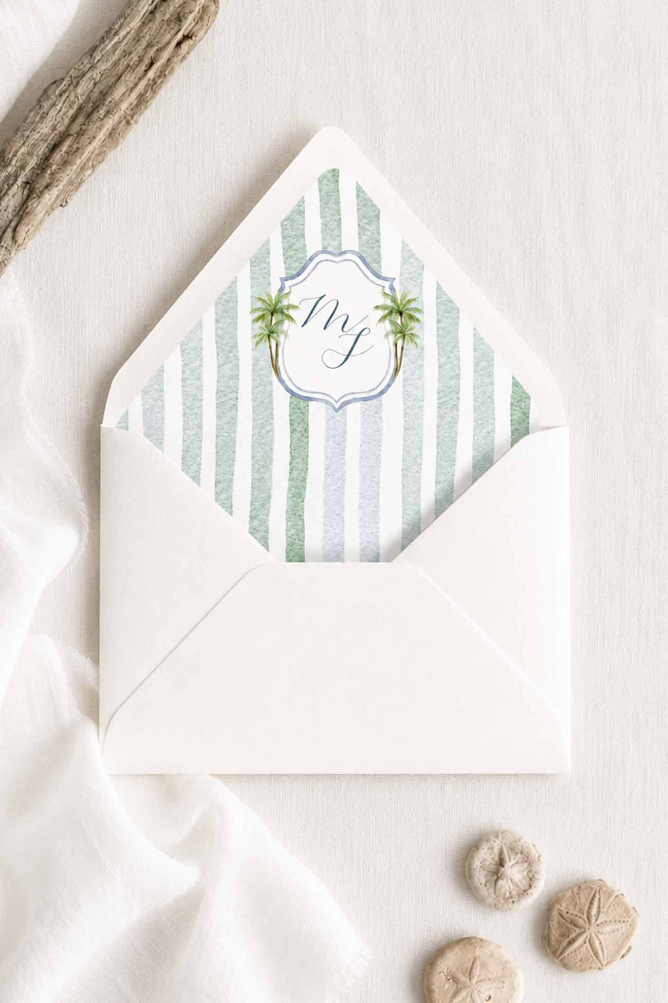 tropical watercolor monogram envelope liners by Victoria of Do Tell A Belle
