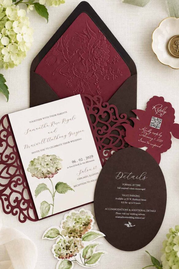 Watercolor wedding invitation suite featuring green and antique-toned hydrangeas, a burgundy laser-cut gatefold, embossed floral envelope liner, and coordinating die-cut floral inserts.