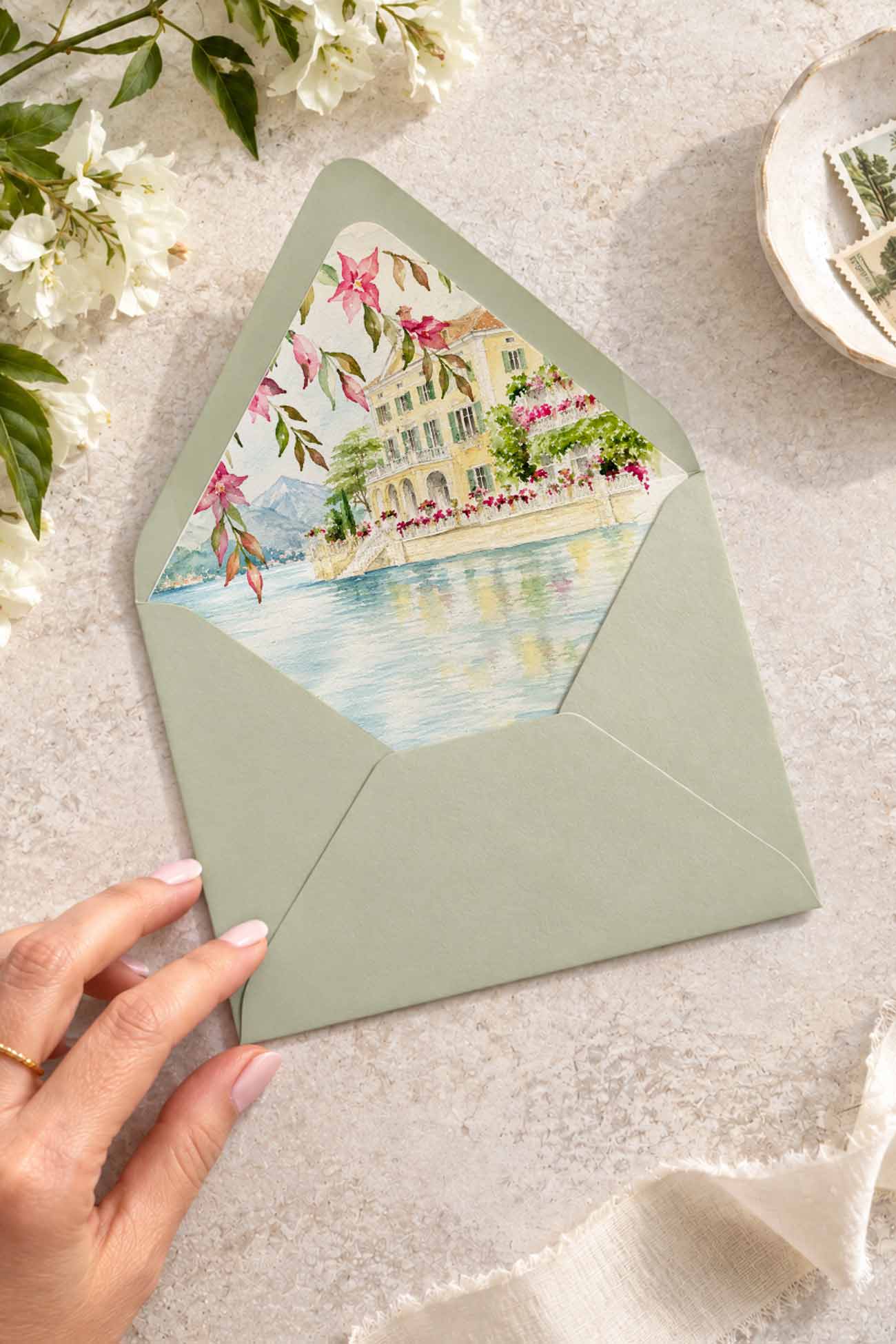 watercolor venue envelope liners lake como italy with sage green a7 envelopes