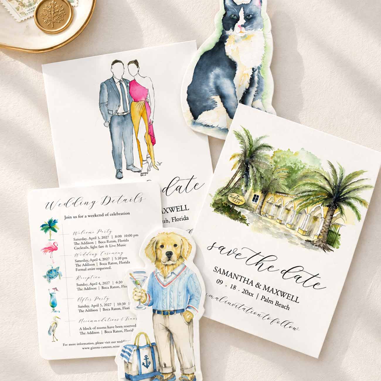 Custom watercolor wedding illustrations by Do Tell A Belle featuring a couple portrait, tuxedo cat and golden retriever pet portraits, tropical wedding venue painting, and illustrated wedding itinerary.