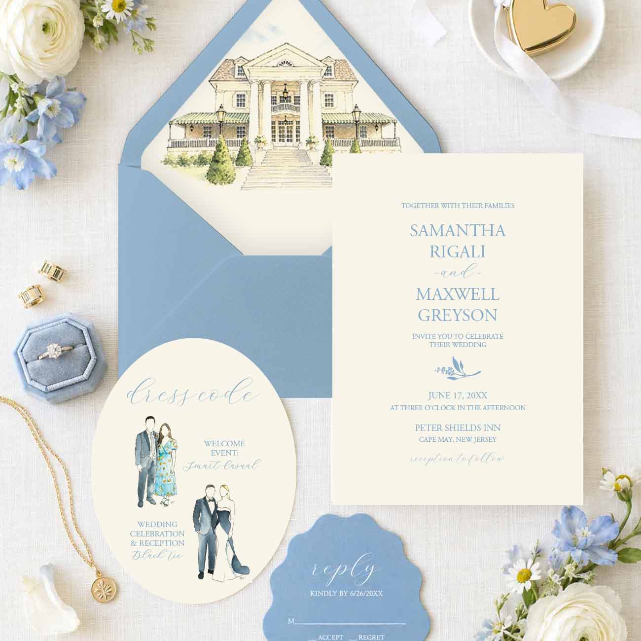 Watercolor venue envelope liner of Peter Shields Inn Cape May by Victoria Grigaliunas with wedding invitation suite.