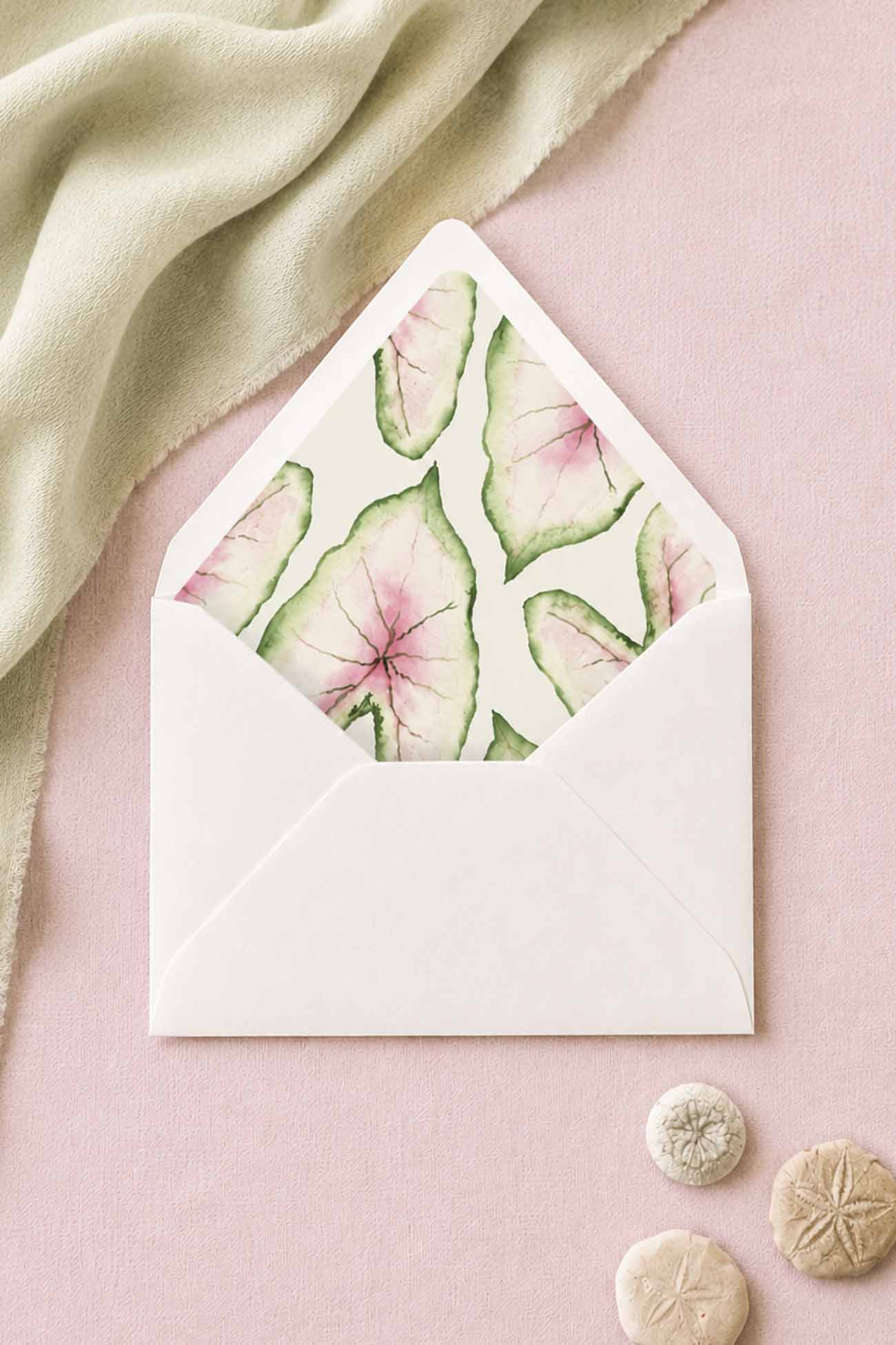 watercolor envelope liners Tropical Pink and Green Caladium Leaves