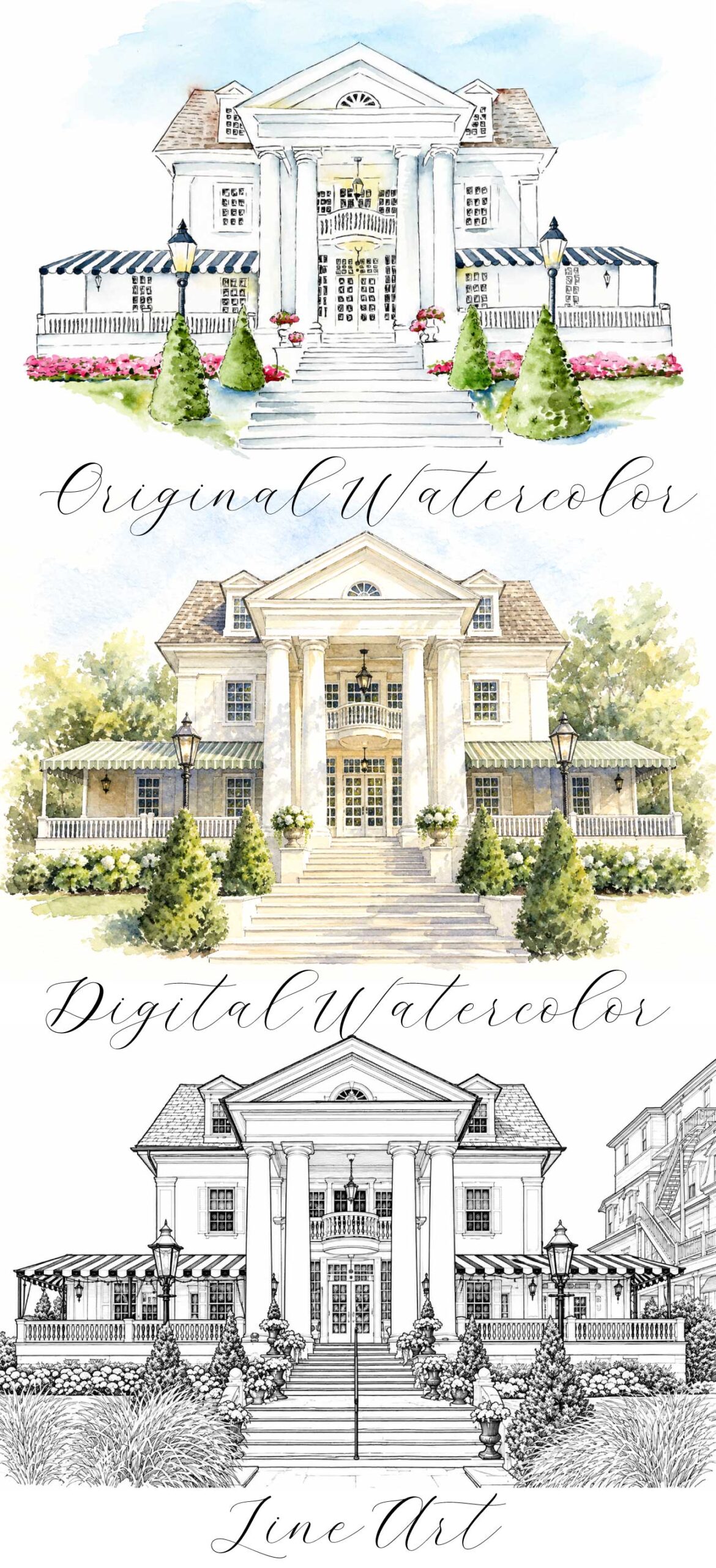 Wedding venue illustrations of Peter Shields Inn in Cape May by Do Tell A Belle, showcasing digital watercolor, original hand-painted watercolor, and detailed black-and-white architectural line art.